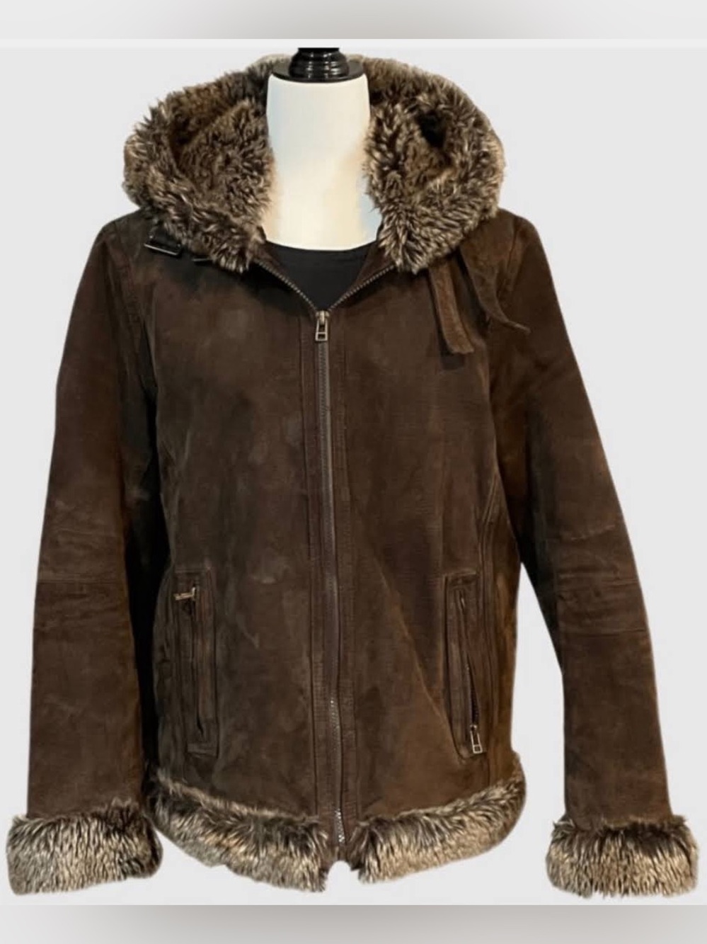 Vintage Brown Faux Fur Trim Suede Jacket